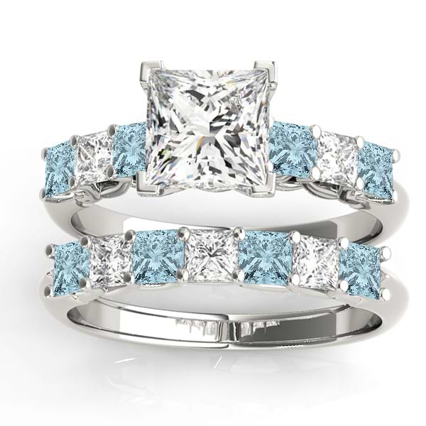 Princess cut Diamond & Aquamarine Bridal Set 14k White Gold 1.30ct
