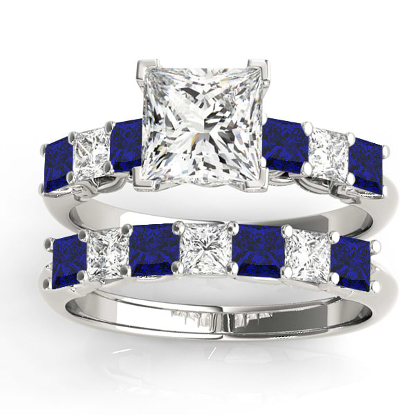 Princess cut Diamond & Blue Sapphire Bridal Set 14k White Gold 1.30ct