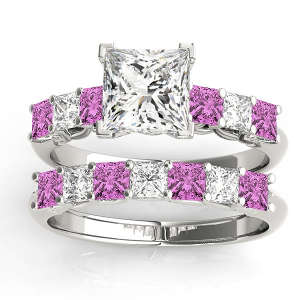 Princess cut Diamond & Pink Sapphire Bridal Set Palladium 1.30ct