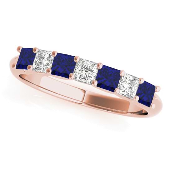 Diamond & Blue Sapphire Princess Wedding Band Ring 14k Rose Gold 0.70ct