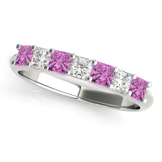 Diamond & Pink Sapphire Princess Wedding Band Ring 18k White Gold 0.70ct
