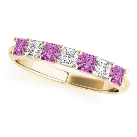 Diamond & Pink Sapphire Princess Wedding Band Ring 18k Yellow Gold 0.70ct
