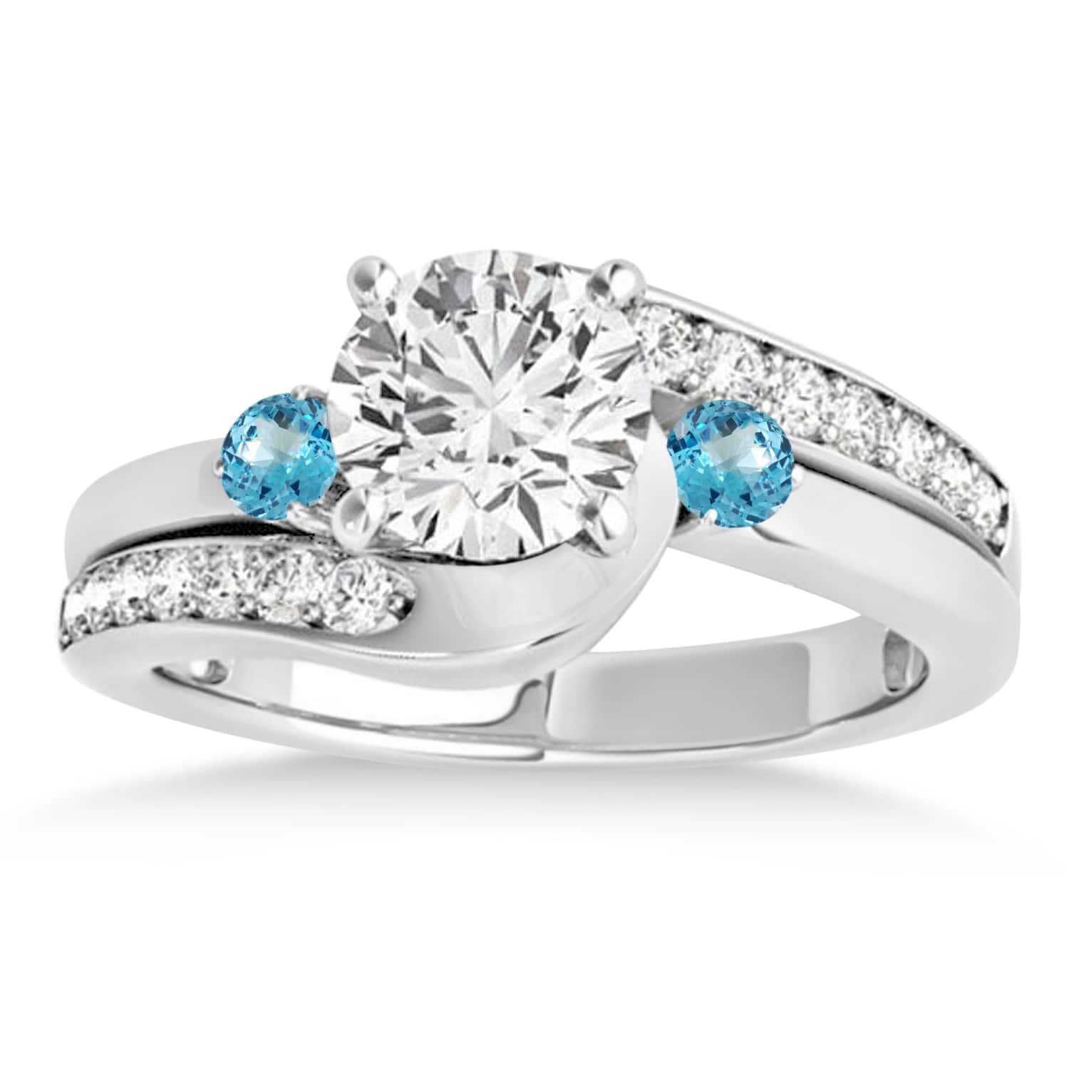 Swirl Design Blue Topaz & Diamond Engagement Ring Setting 14k White Gold 0.38ct