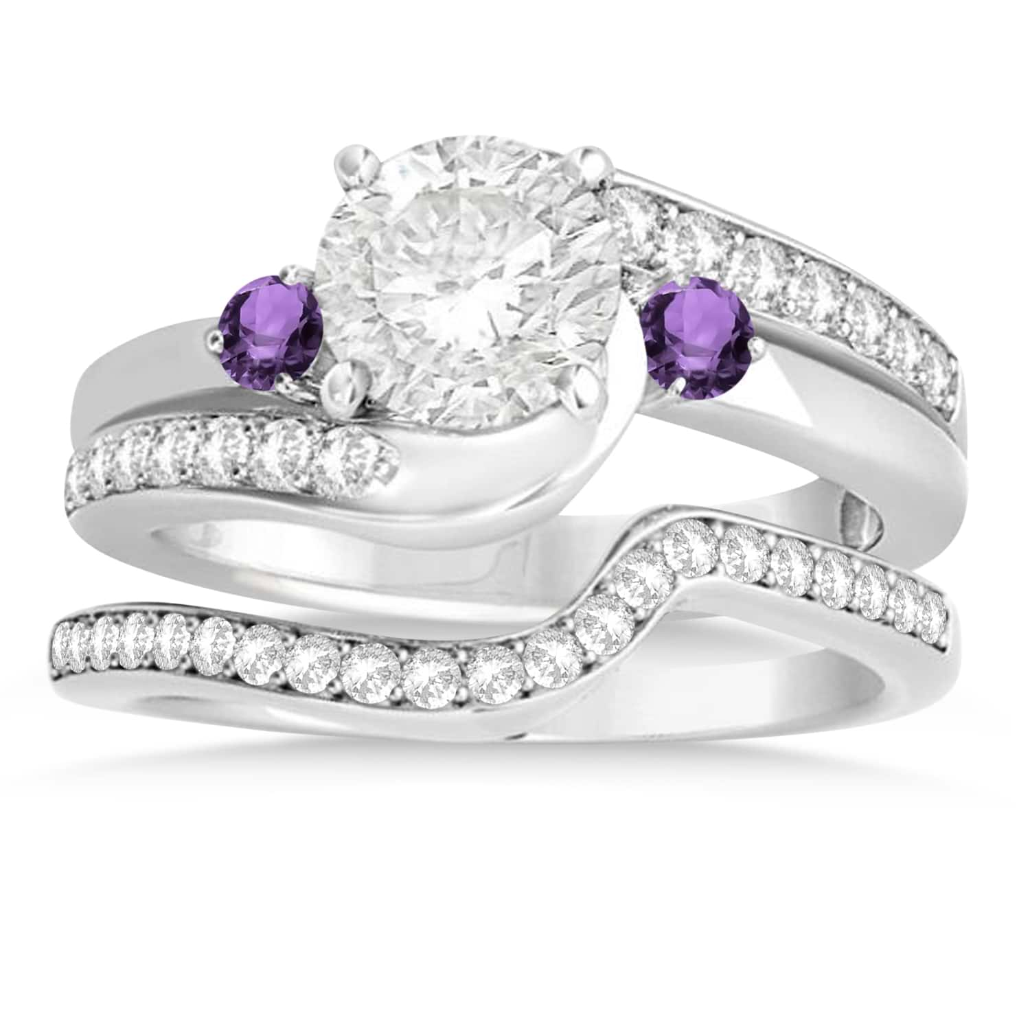 Amethyst & Diamond Swirl Engagement Ring & Band Bridal Set 14k White Gold 0.58ct