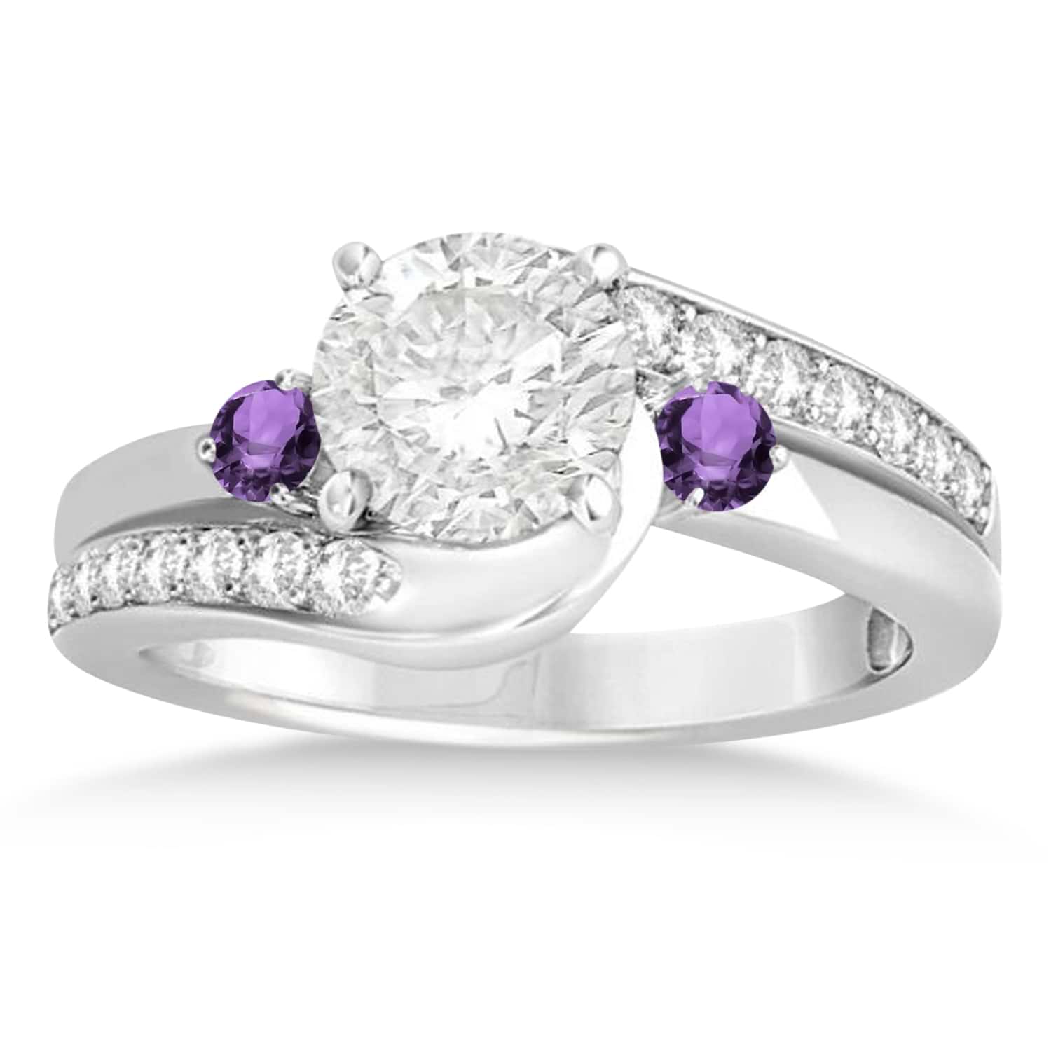 Amethyst & Diamond Swirl Engagement Ring & Band Bridal Set Palladium 0.58ct