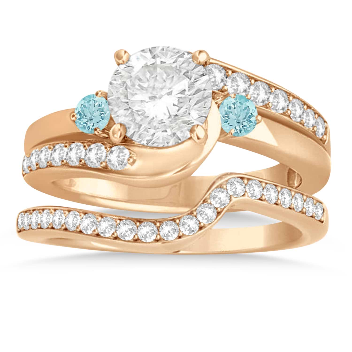 Aquamarine & Diamond Swirl Engagement Ring & Band Bridal Set 18k Rose Gold 0.58ct