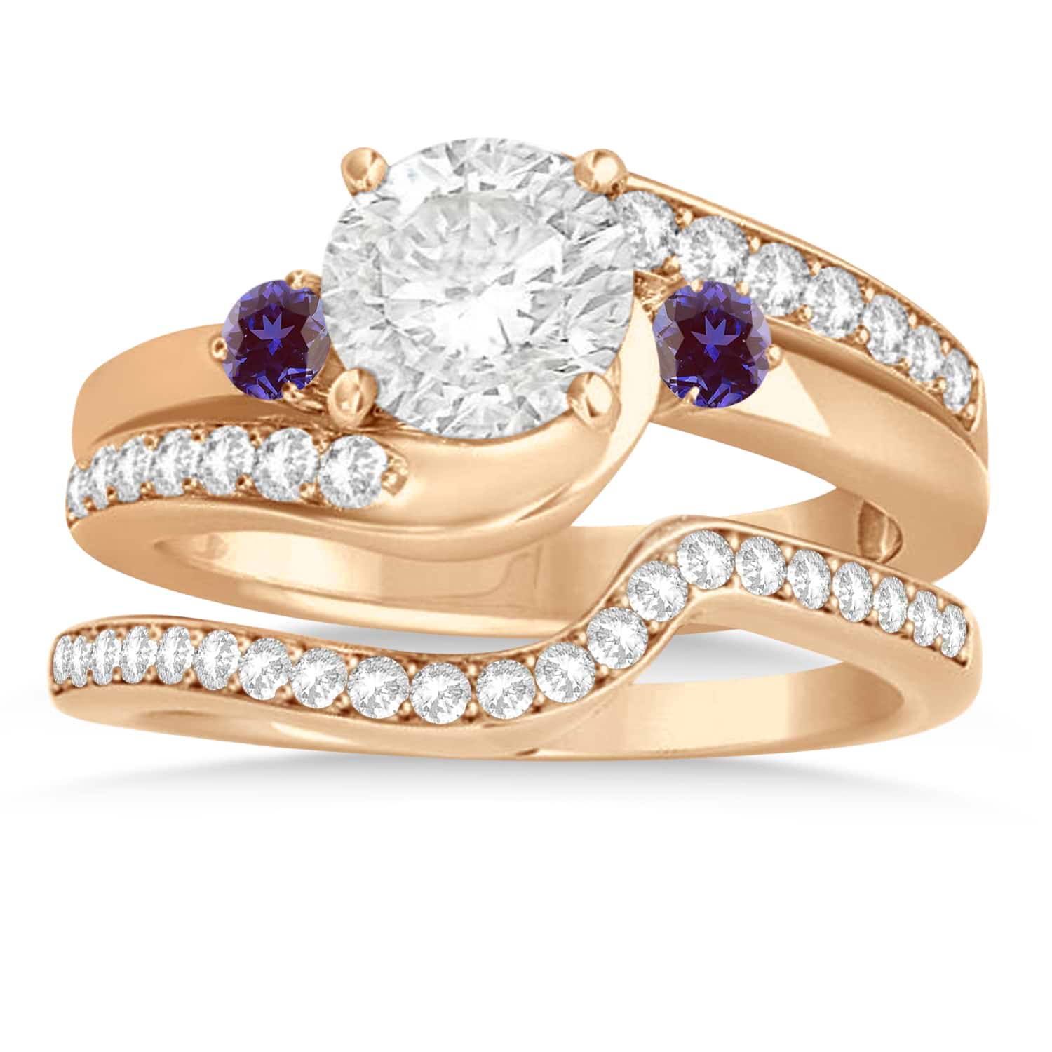 Lab Alexandrite & Diamond Swirl Engagement Ring & Band Bridal Set 18k Rose Gold 0.58ct