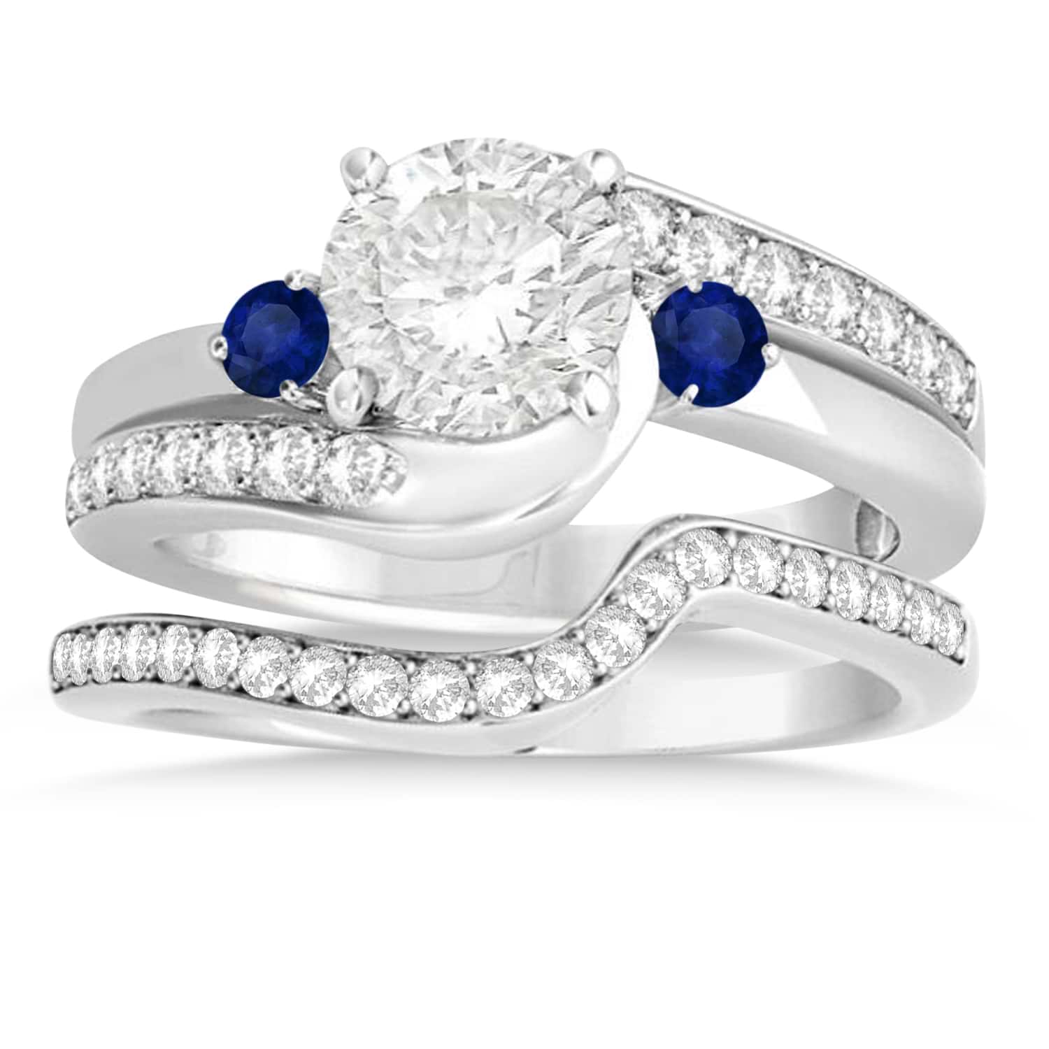 Blue Sapphire & Diamond Swirl Engagement Ring & Band Bridal Set 18k White Gold 0.58ct