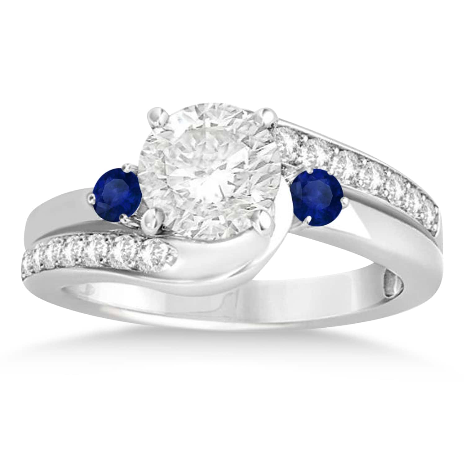 Blue Sapphire & Diamond Swirl Engagement Ring & Band Bridal Set Palladium 0.58ct