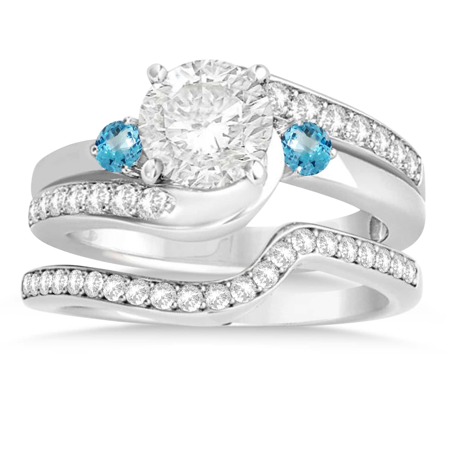 Blue Topaz & Diamond Swirl Engagement Ring & Band Bridal Set Palladium 0.58ct
