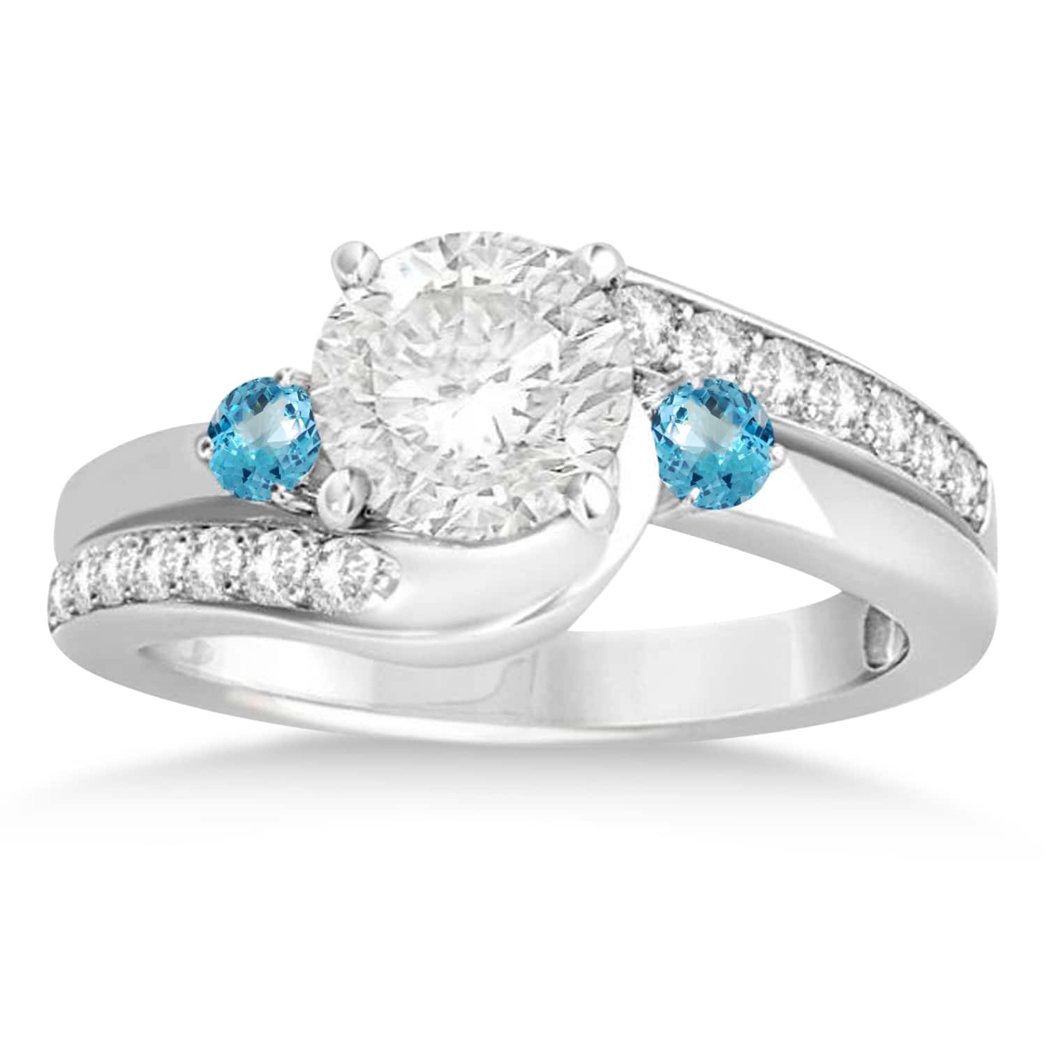 Blue Topaz & Diamond Swirl Engagement Ring & Band Bridal Set Palladium 0.58ct