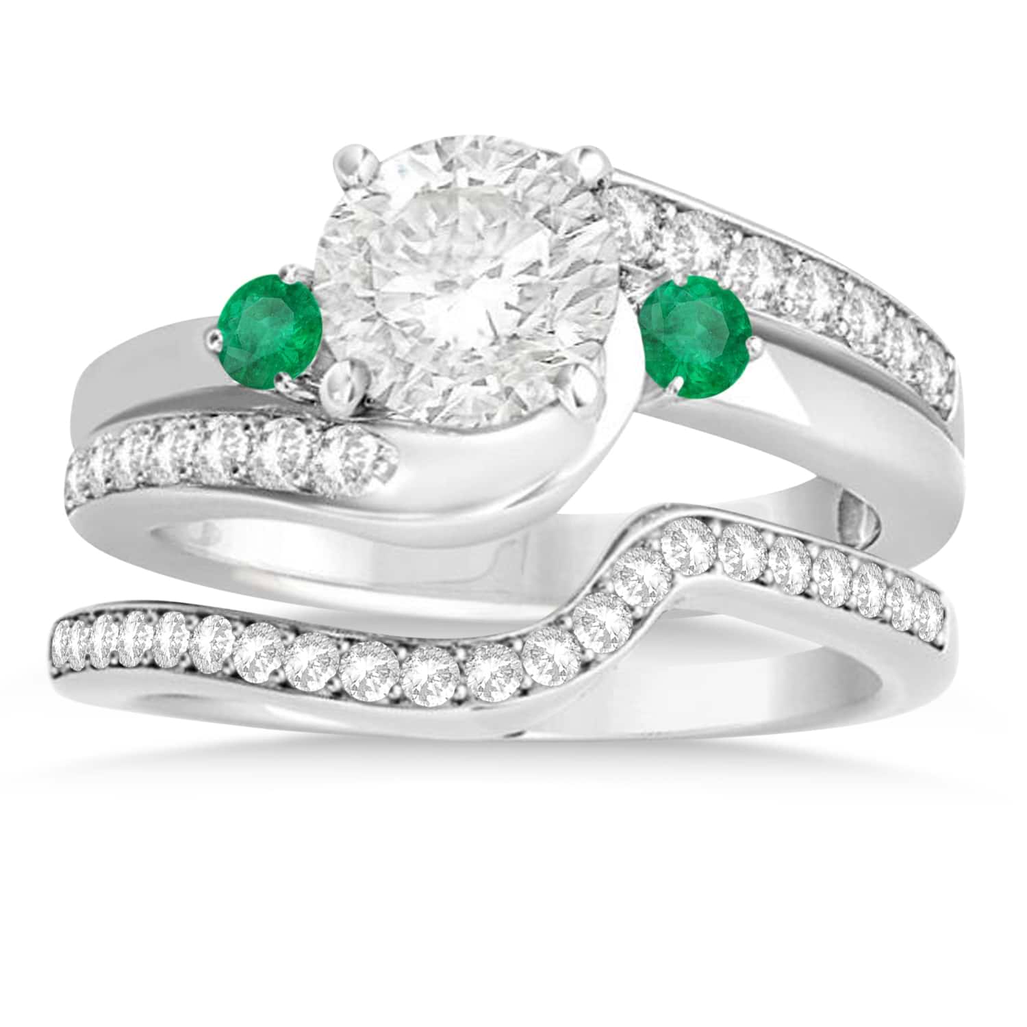 Emerald & Diamond Swirl Engagement Ring & Band Bridal Set Palladium 0.58ct
