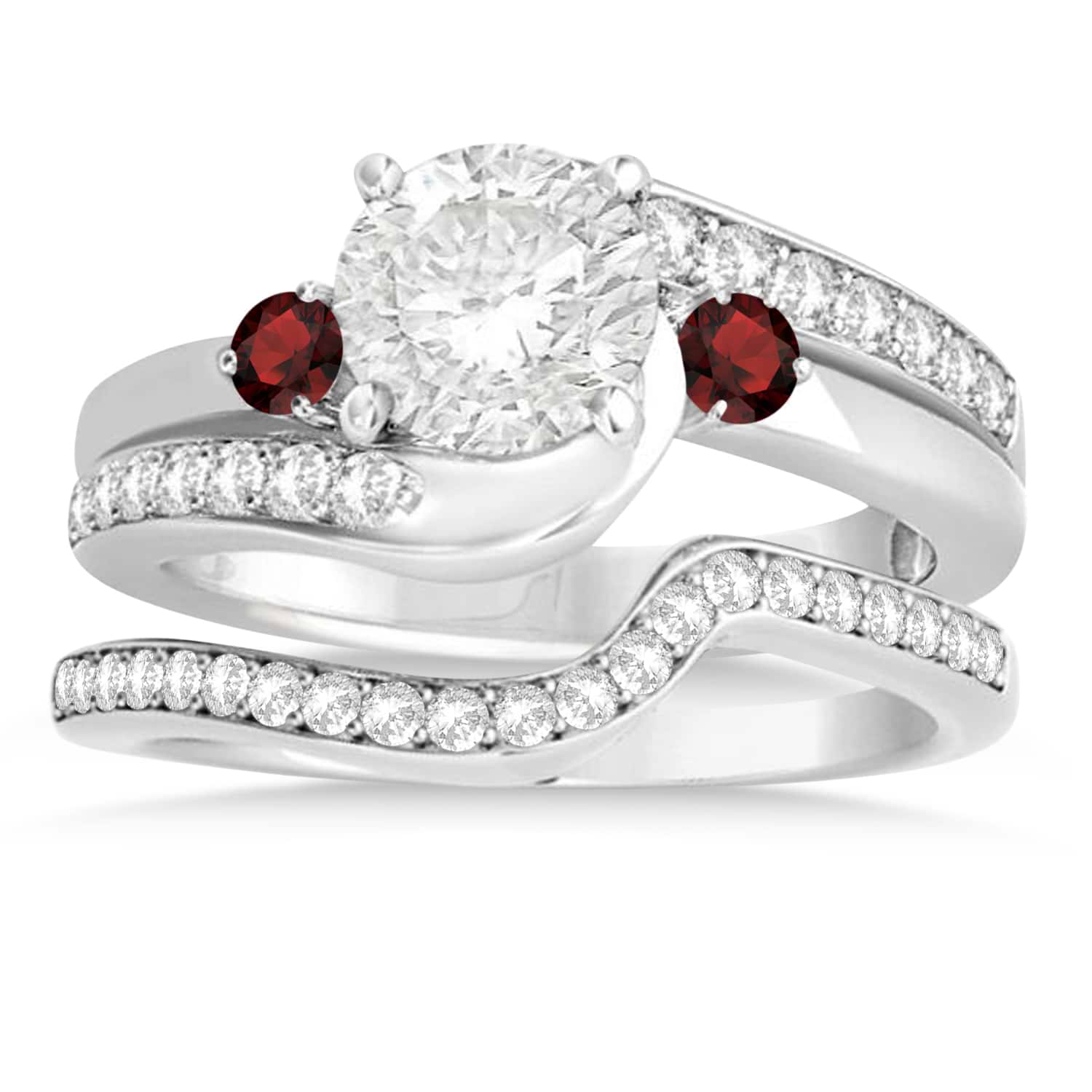 Garnet & Diamond Swirl Engagement Ring & Band Bridal Set 18k White Gold 0.58ct