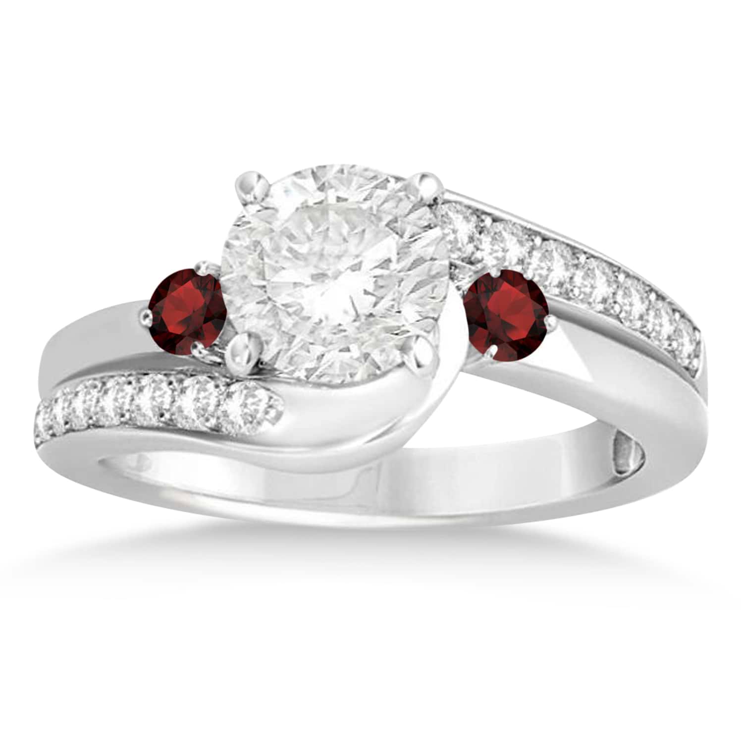 Garnet & Diamond Swirl Engagement Ring & Band Bridal Set 18k White Gold 0.58ct