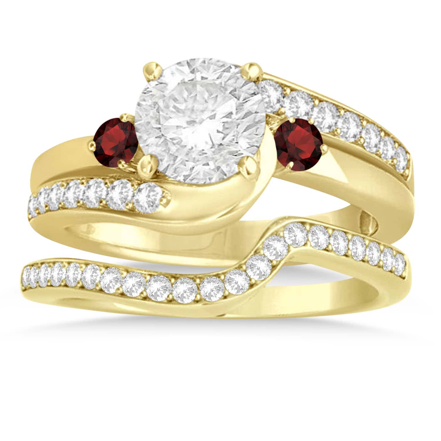 Garnet & Diamond Swirl Engagement Ring & Band Bridal Set 18k Yellow Gold 0.58ct