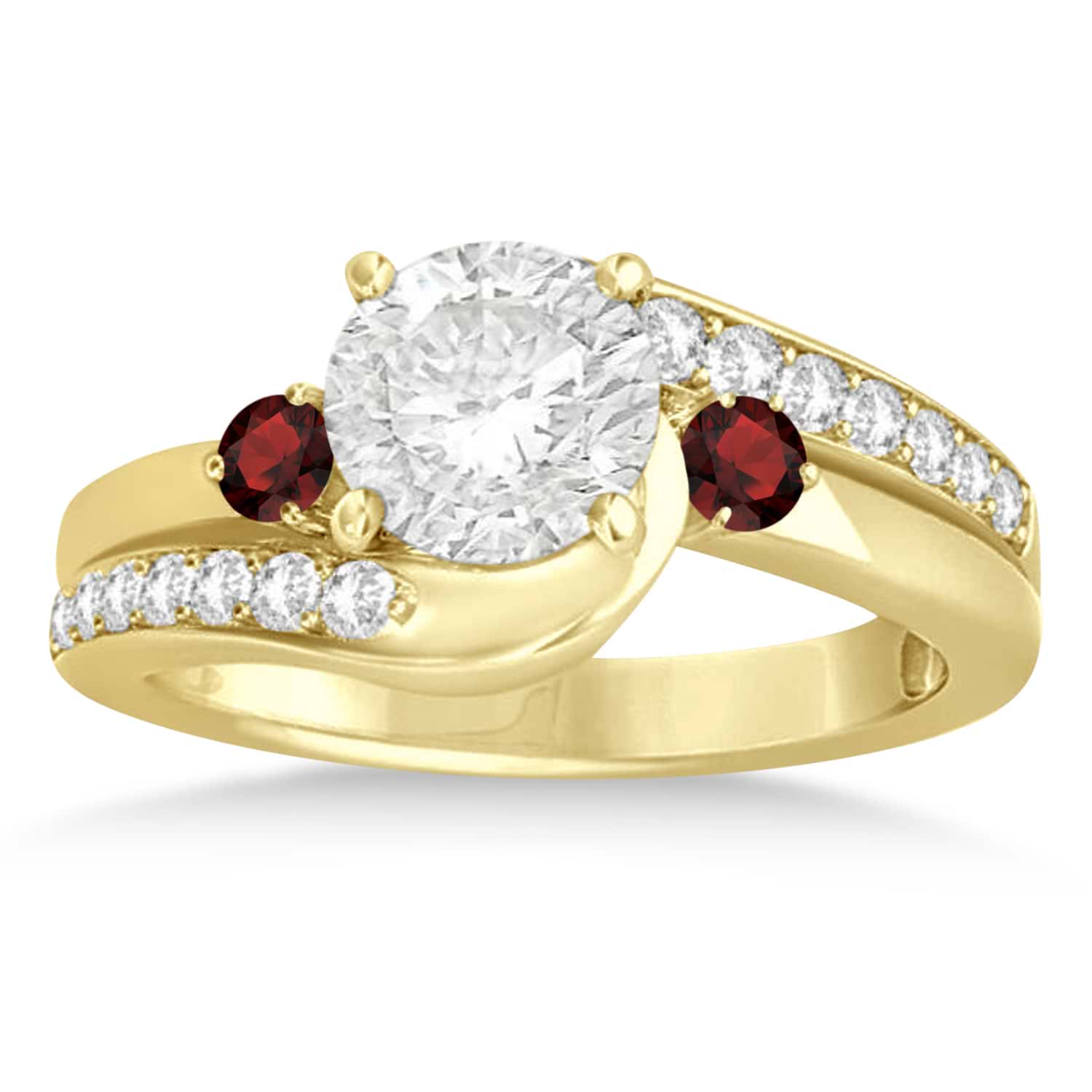 Garnet & Diamond Swirl Engagement Ring & Band Bridal Set 18k Yellow Gold 0.58ct