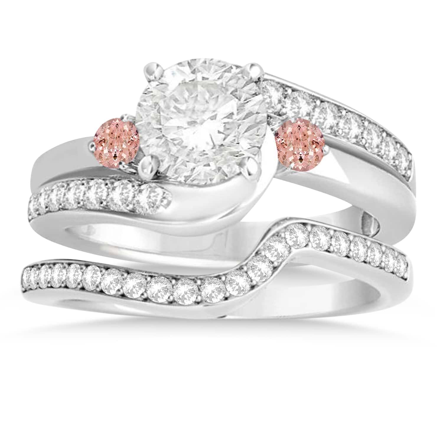 Morganite & Diamond Swirl Engagement Ring & Band Bridal Set 18k White Gold 0.58ct