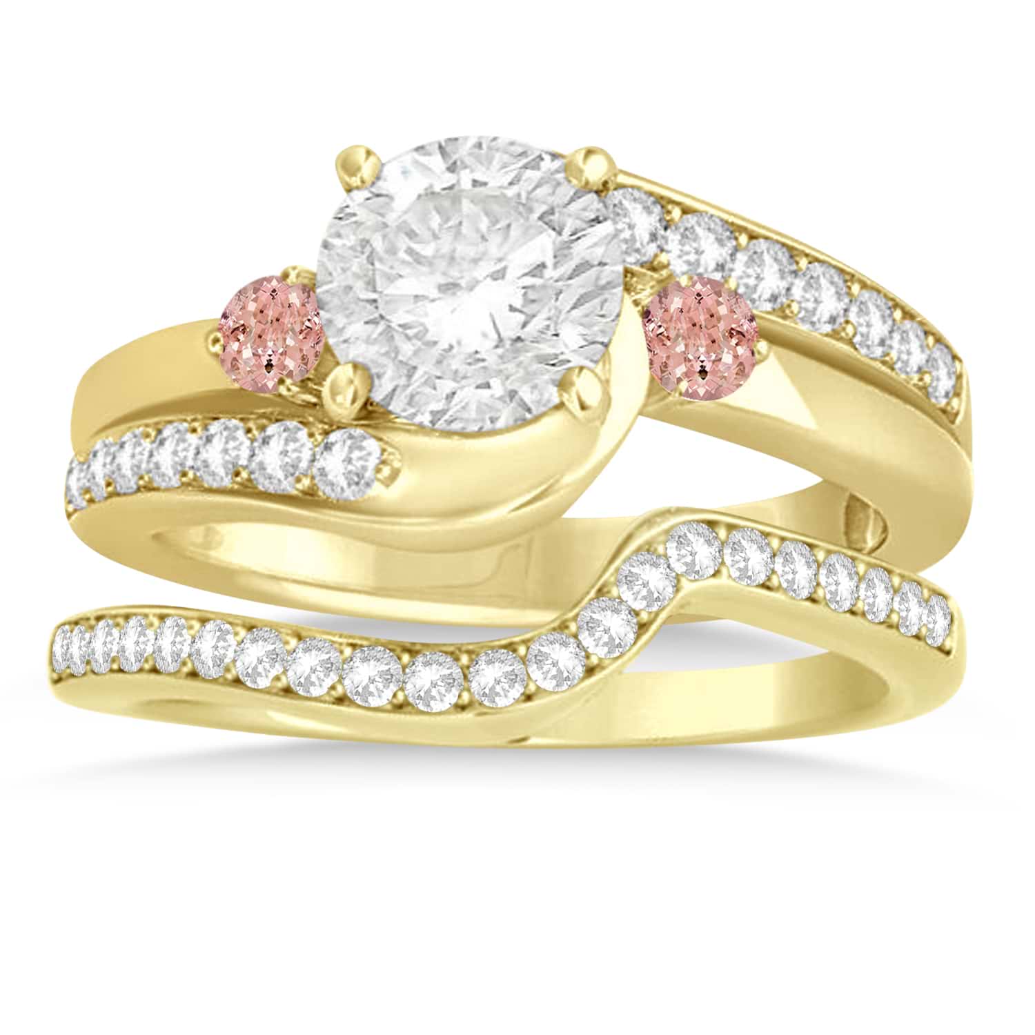 Morganite & Diamond Swirl Engagement Ring & Band Bridal Set 18k Yellow Gold 0.58ct