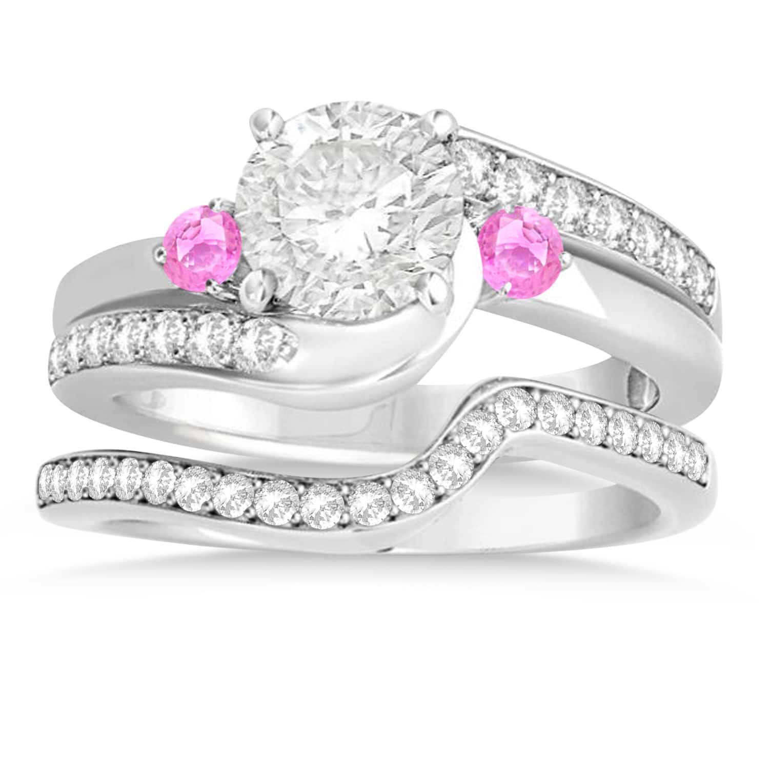 Pink Sapphire & Diamond Swirl Engagement Ring & Band Bridal Set 14k White Gold 0.58ct