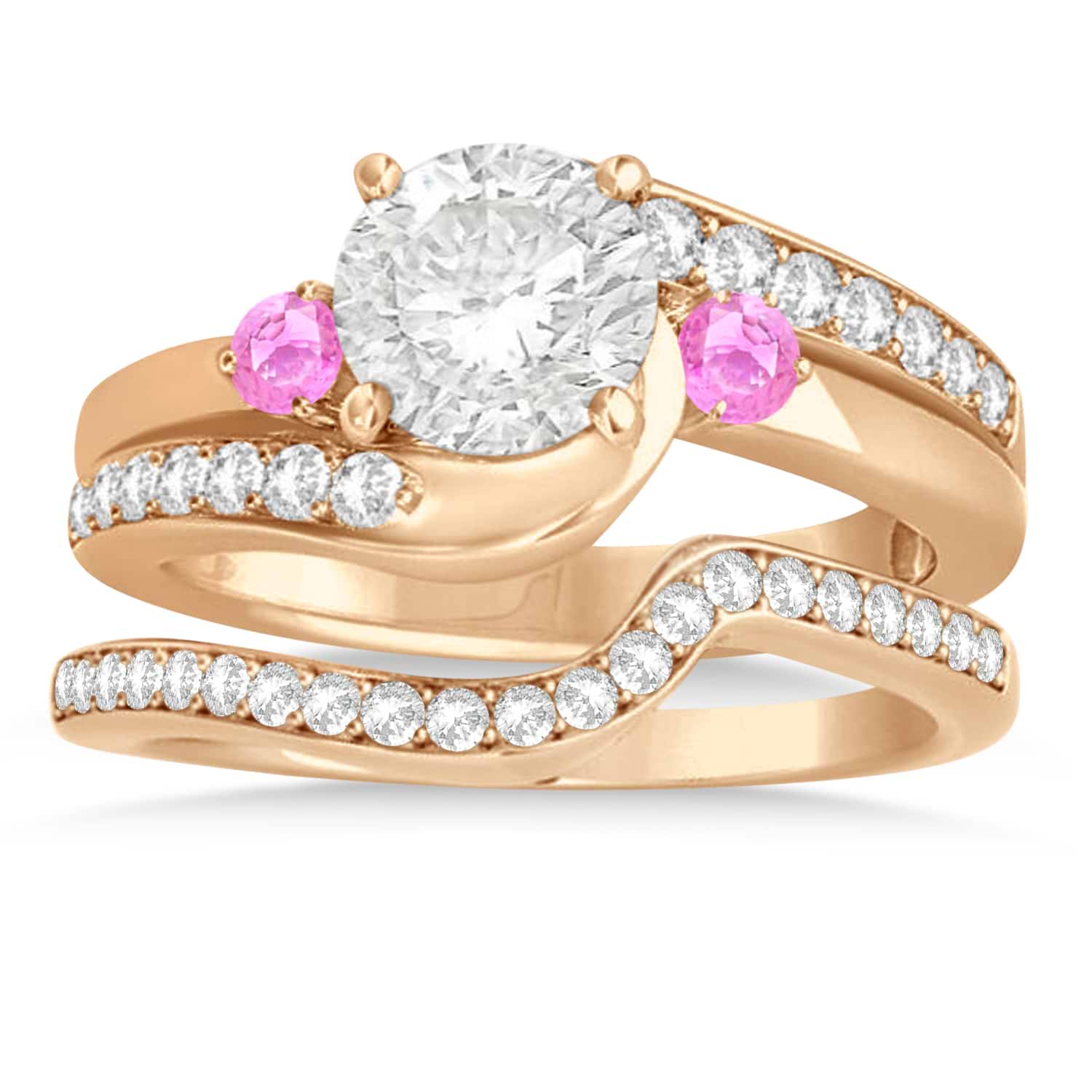 Pink Sapphire & Diamond Swirl Engagement Ring & Band Bridal Set 18k Rose Gold 0.58ct