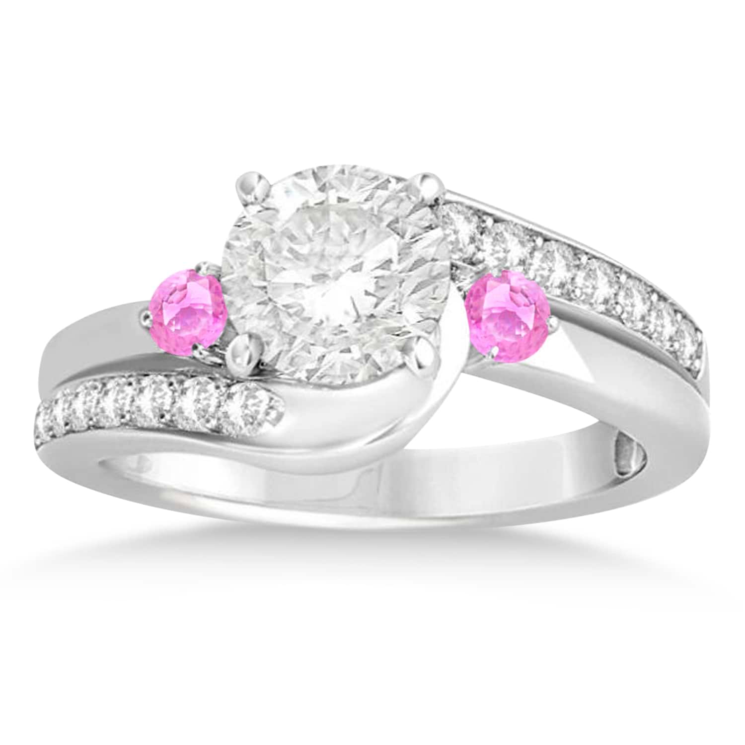 Pink Sapphire & Diamond Swirl Engagement Ring & Band Bridal Set 18k White Gold 0.58ct