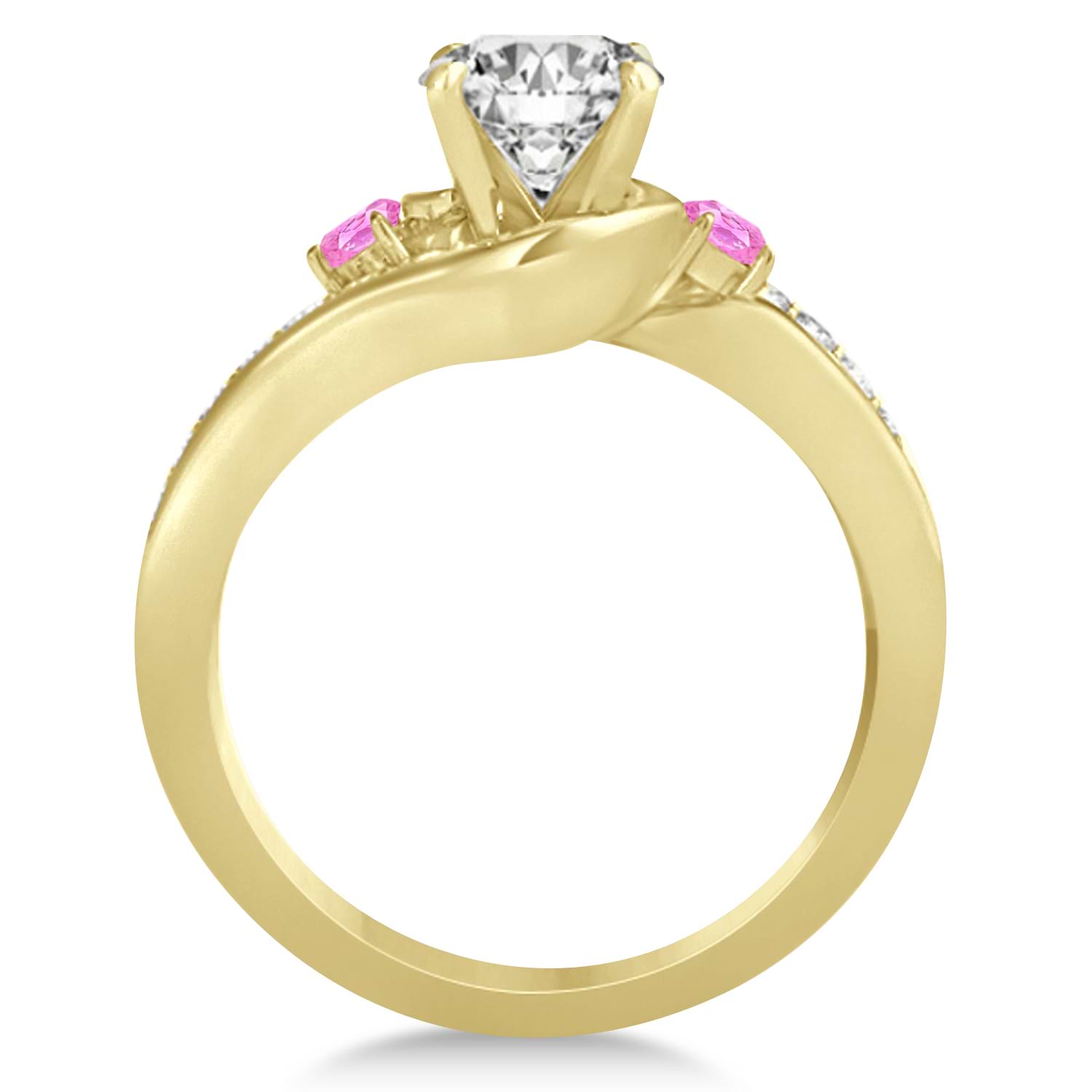 Pink Sapphire & Diamond Swirl Engagement Ring & Band Bridal Set 18k Yellow Gold 0.58ct