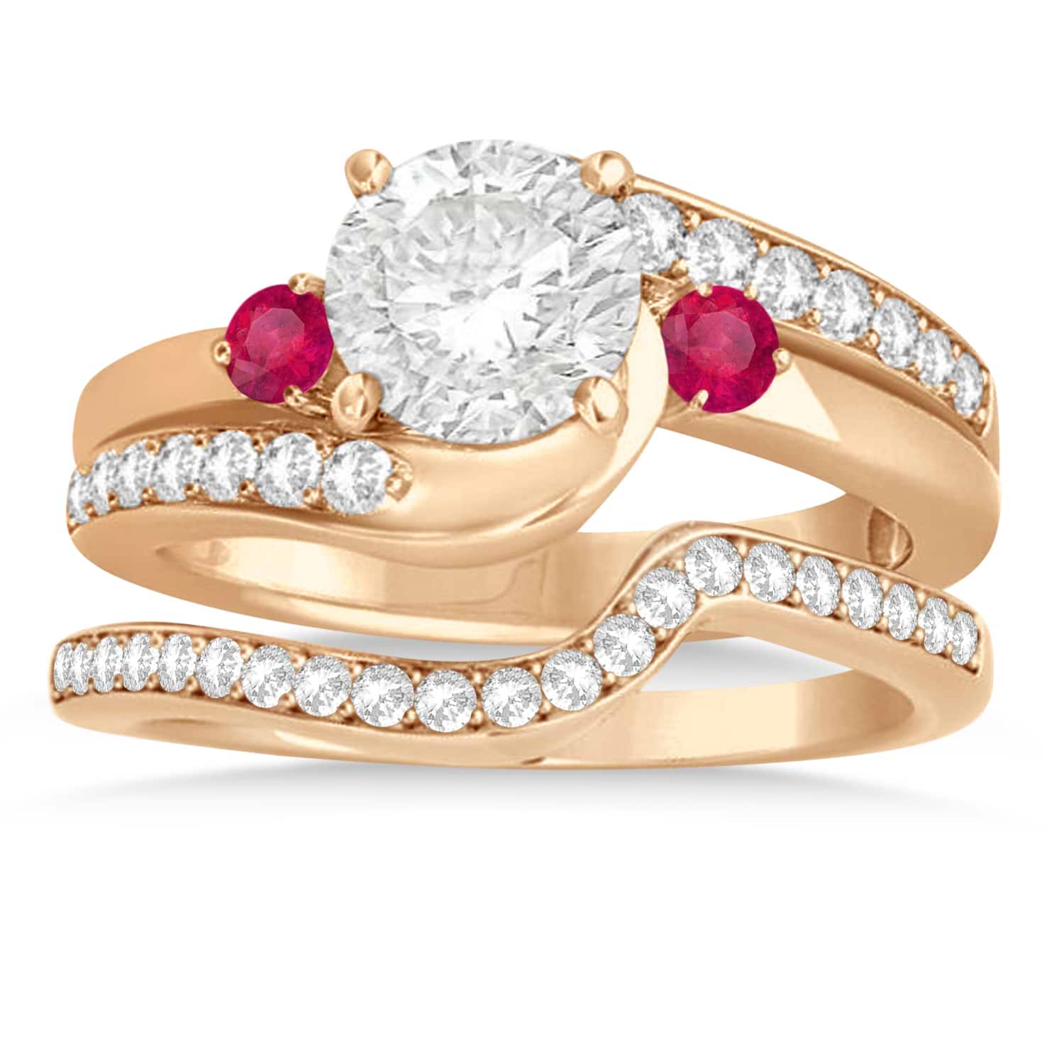Ruby & Diamond Swirl Engagement Ring & Band Bridal Set 18k Rose Gold 0.58ct