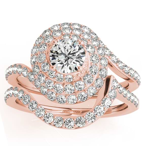 Diamond Double Halo Engagement Ring & Wedding Band 14k Rose Gold 1.13ct