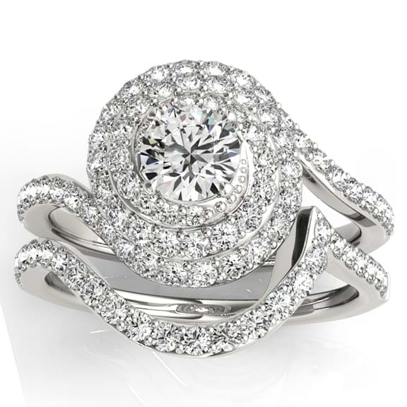 Diamond Double Halo Engagement Ring & Wedding Band 18k White Gold 1.13ct