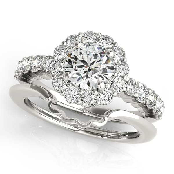 Floral Halo Round Diamond Engagement Ring 14k White Gold (1.61ct)