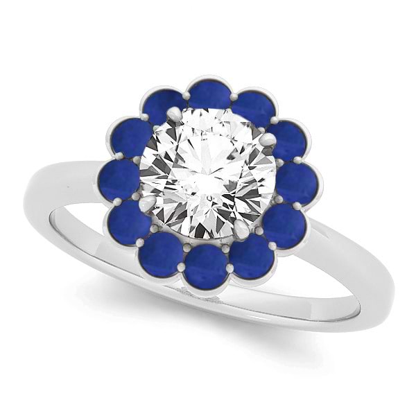 Diamond & Blue Sapphire Halo Engagement Ring Platinum (1.33ct)