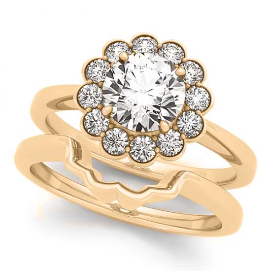Diamond Floral Halo Engagement Ring Bridal Set 14k Yellow Gold (1.33ct)