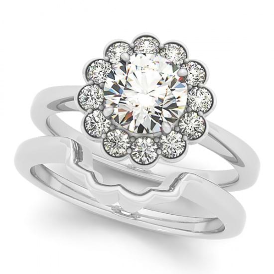 Diamond Floral Halo Engagement Ring Bridal Set Platinum (1.33ct)