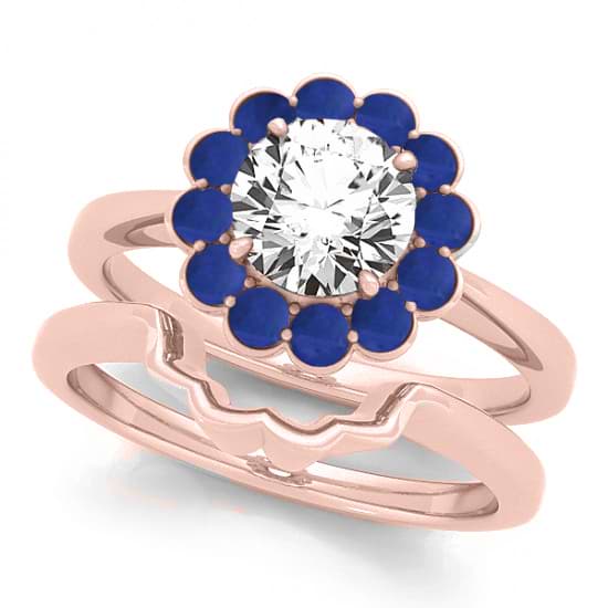 Diamond & Blue Sapphire Halo Bridal Set 14k Rose Gold (1.33ct)