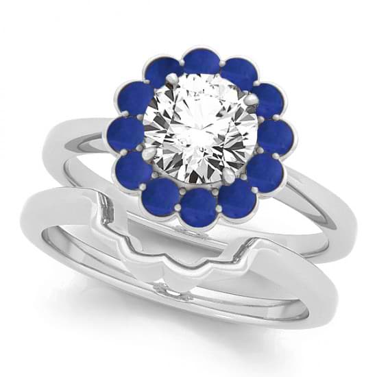 Diamond & Blue Sapphire Halo Bridal Set 14k White Gold (1.33ct)