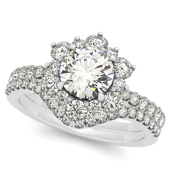 Diamond Semi Eternity Flower Engagement Ring & Band 14k W. Gold 1.90ct