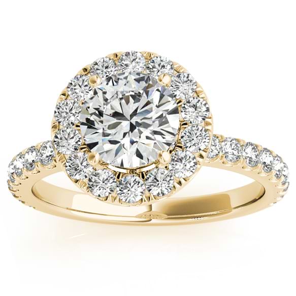 French Pave Halo Lab Grown Diamond Engagement Ring Setting 18k Yellow Gold 0.75ct