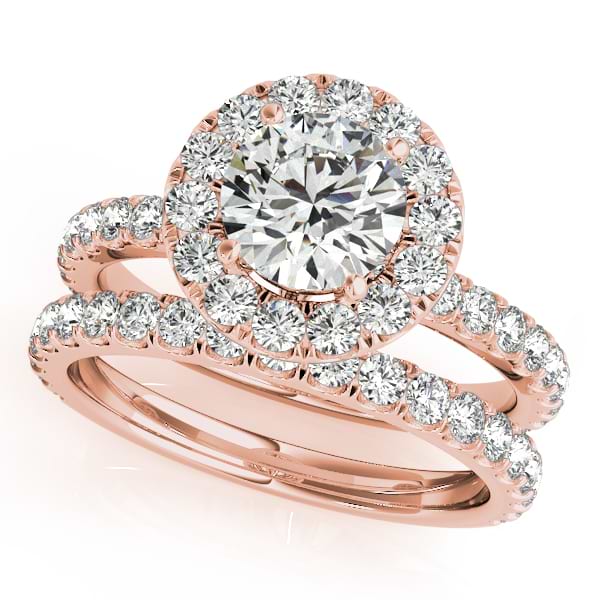 French Pave Halo Diamond Bridal Ring Set 14k Rose Gold (1.45ct)