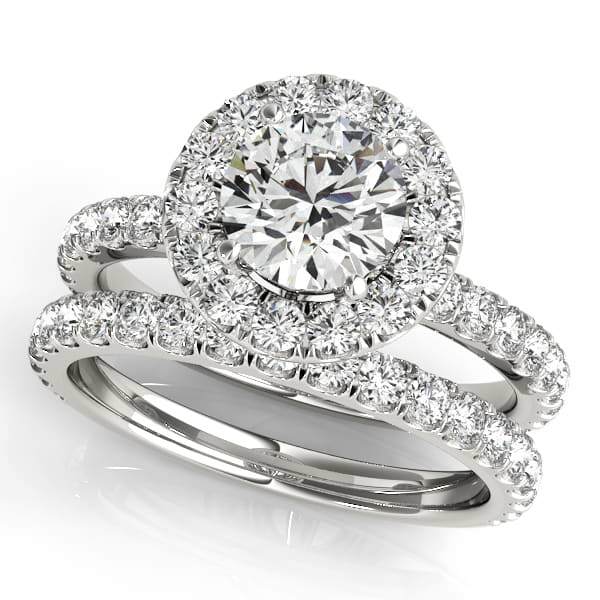 French Pave Halo Diamond Bridal Ring Set 18k White Gold (1.95ct)
