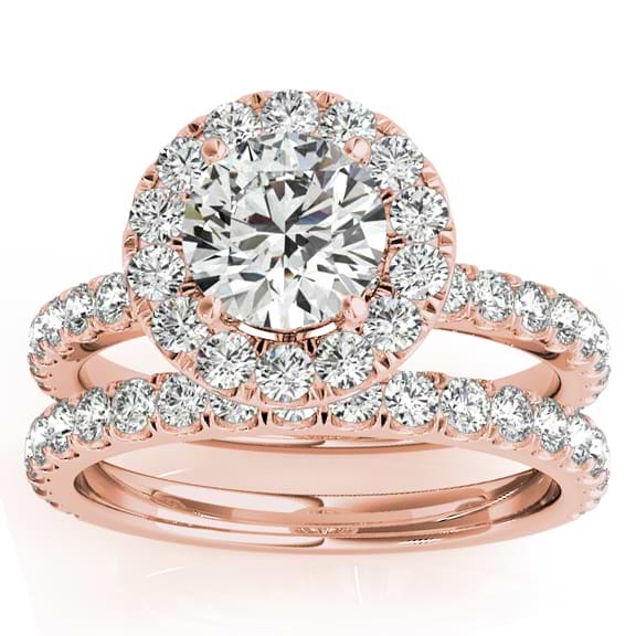 French Pave Halo Diamond Bridal Ring Set 14k Rose Gold (1.20ct)