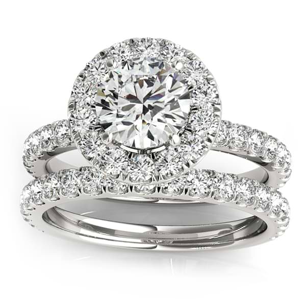 French Pave Halo Diamond Bridal Ring Set 14k White Gold (1.20ct)