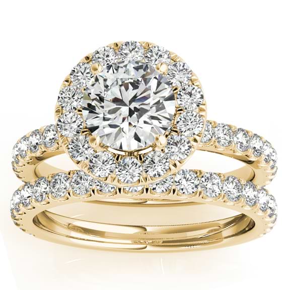 French Pave Halo Lab Grown Diamond Bridal Ring Set 18k Yellow Gold (1.20ct)
