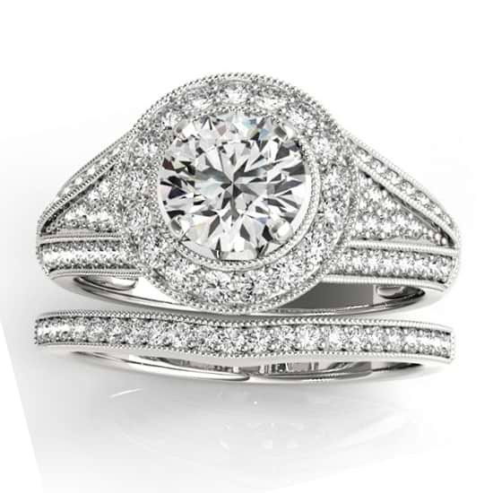 Halo Split Shank Diamond Accented Bridal Set in 14k White Gold 0.75ct