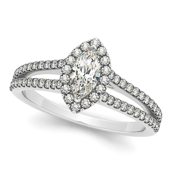 Marquise Diamond Halo Engagement Ring Split Shank 14k W. Gold 1.33ct