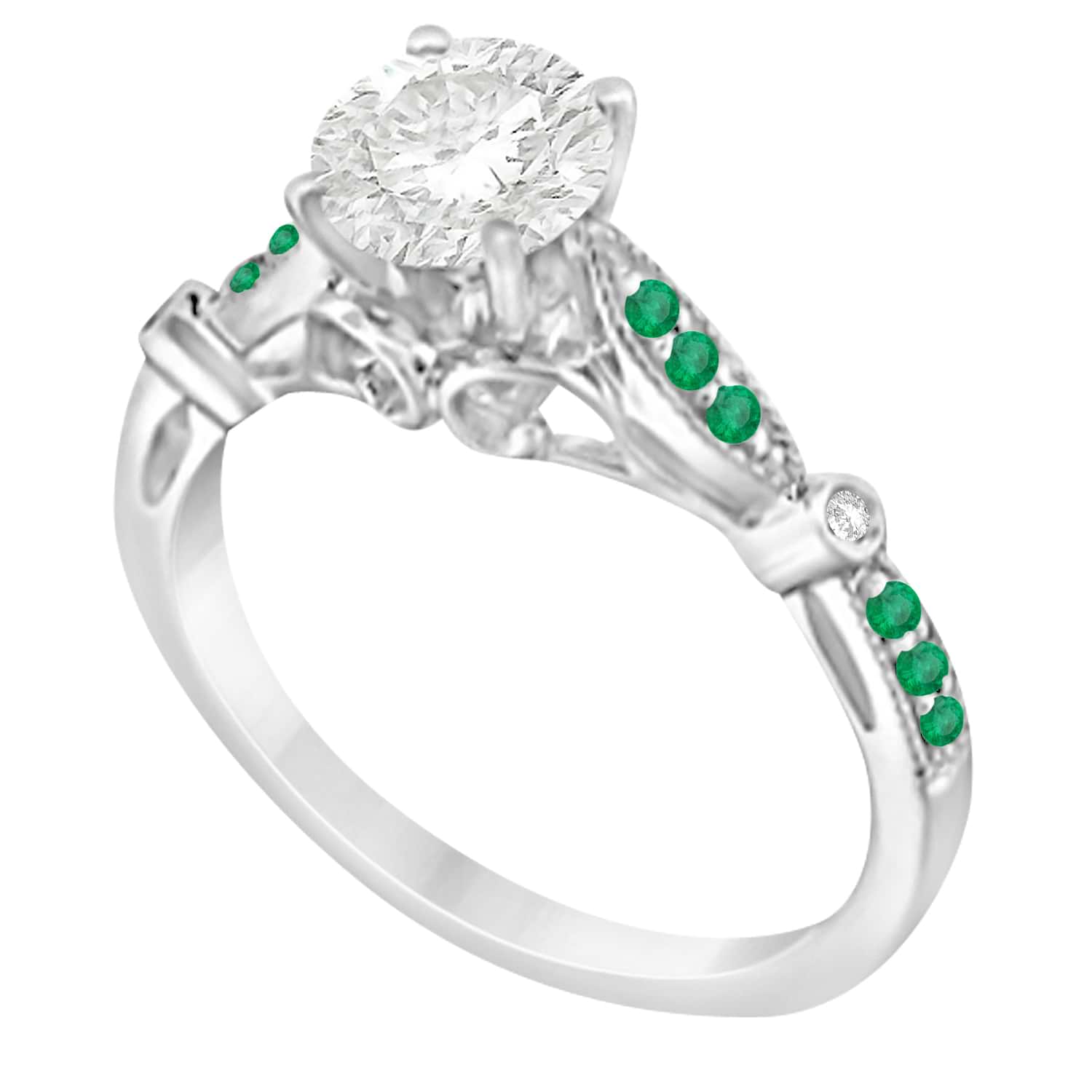 Marquise & Dot Emerald Vintage Engagement Ring 14k White Gold 0.13ct
