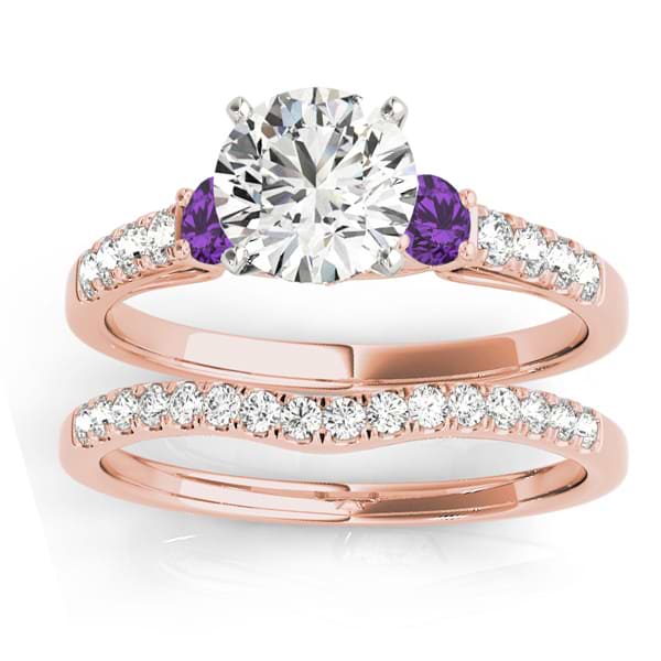 Diamond & Amethyst Three Stone Bridal Set Ring 14k Rose Gold (0.55ct)