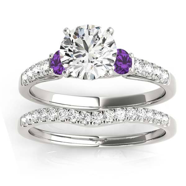 Diamond & Amethyst Three Stone Bridal Set Ring 14k White Gold (0.55ct)