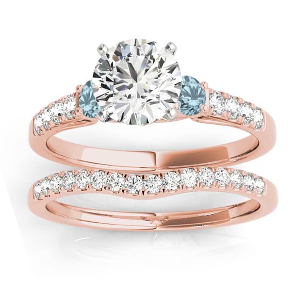 Diamond & Aquamarine Three Stone Bridal Set Ring 18k Rose Gold (0.55ct)
