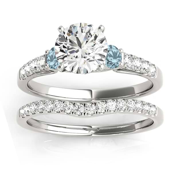 Diamond & Aquamarine Three Stone Bridal Set Ring 18k White Gold (0.55ct)