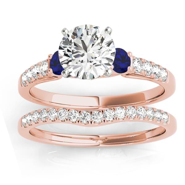 Diamond & Blue Sapphire Three Stone Bridal Set Ring 14k Rose Gold (0.55ct)
